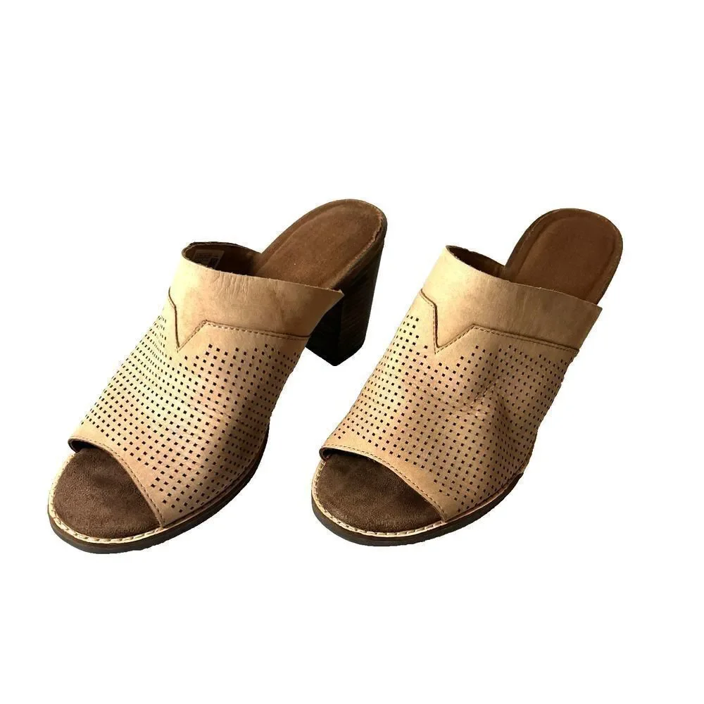 TOMS Tan Leather Block Heeled Sandals Women's 10 Slip On Open Toe Comfort Casual